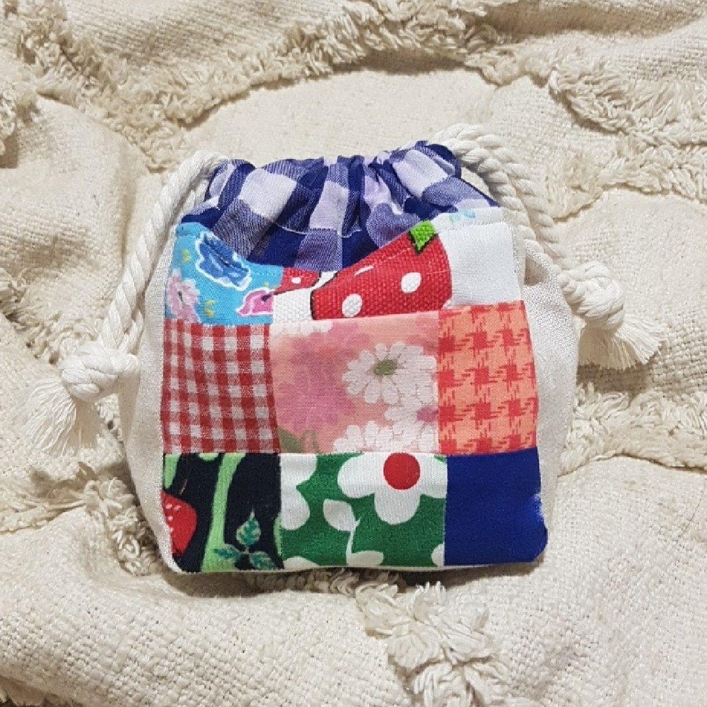 Mini Patchwork Drawstring Mini Bag | Folk Floral Strawberry Pouch